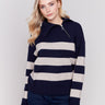 Navy and beige striped turtleneck sweater with a zipper detail and ribbed trim by Charlie B.