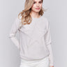 Heather almond long-sleeve sweater with fringed embroidery, featuring a round neckline and ribbed cuffs by Charlie B.