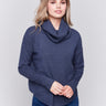 Dark blue round hem sweater with a removable scarf and front pockets by Charlie B.