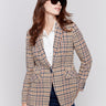 Terracotta plaid blazer with a single-button closure, featuring two front flap pockets by Charlie B.