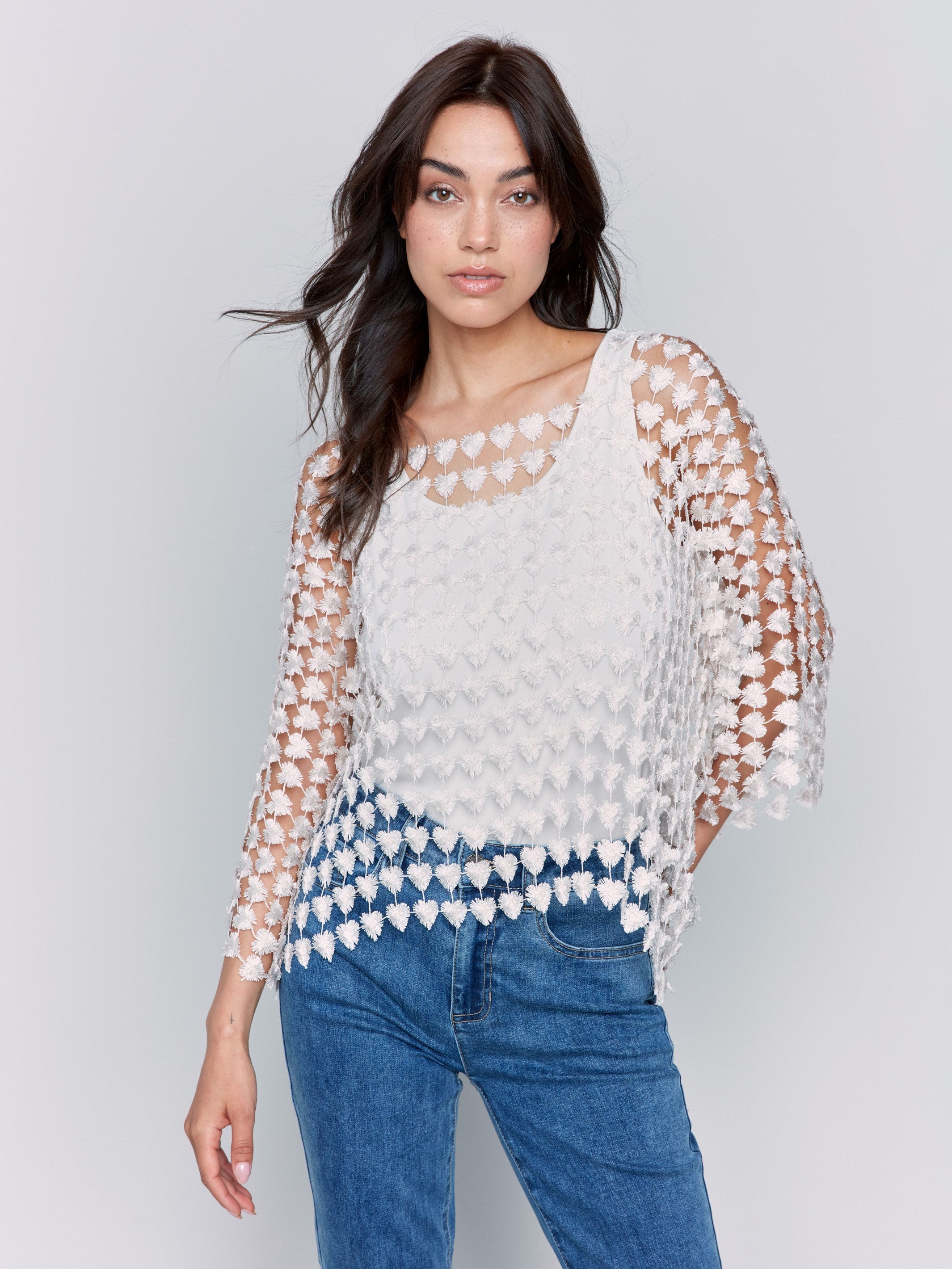 Natural textured crochet top with heart patterns, 3/4 sleeves, and a square neckline by Charlie B.