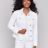 White twill jean jacket with frayed edges and front pockets by Charlie B.