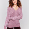 Cabernet cable knit sweater with a V-neckline, long sleeves, and geometric patterns by Charlie B.