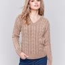 Truffle brown cable knit sweater with a V-neckline, long sleeves, and geometric patterns by Charlie B.