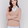 V-neck fooler sweater in Caramel with a shirt collar and ribbed hem, layered look, by Charlie B.