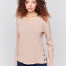 Heather truffle V-neck sweater with long sleeves featuring grommet details at the side placket by Charlie B.