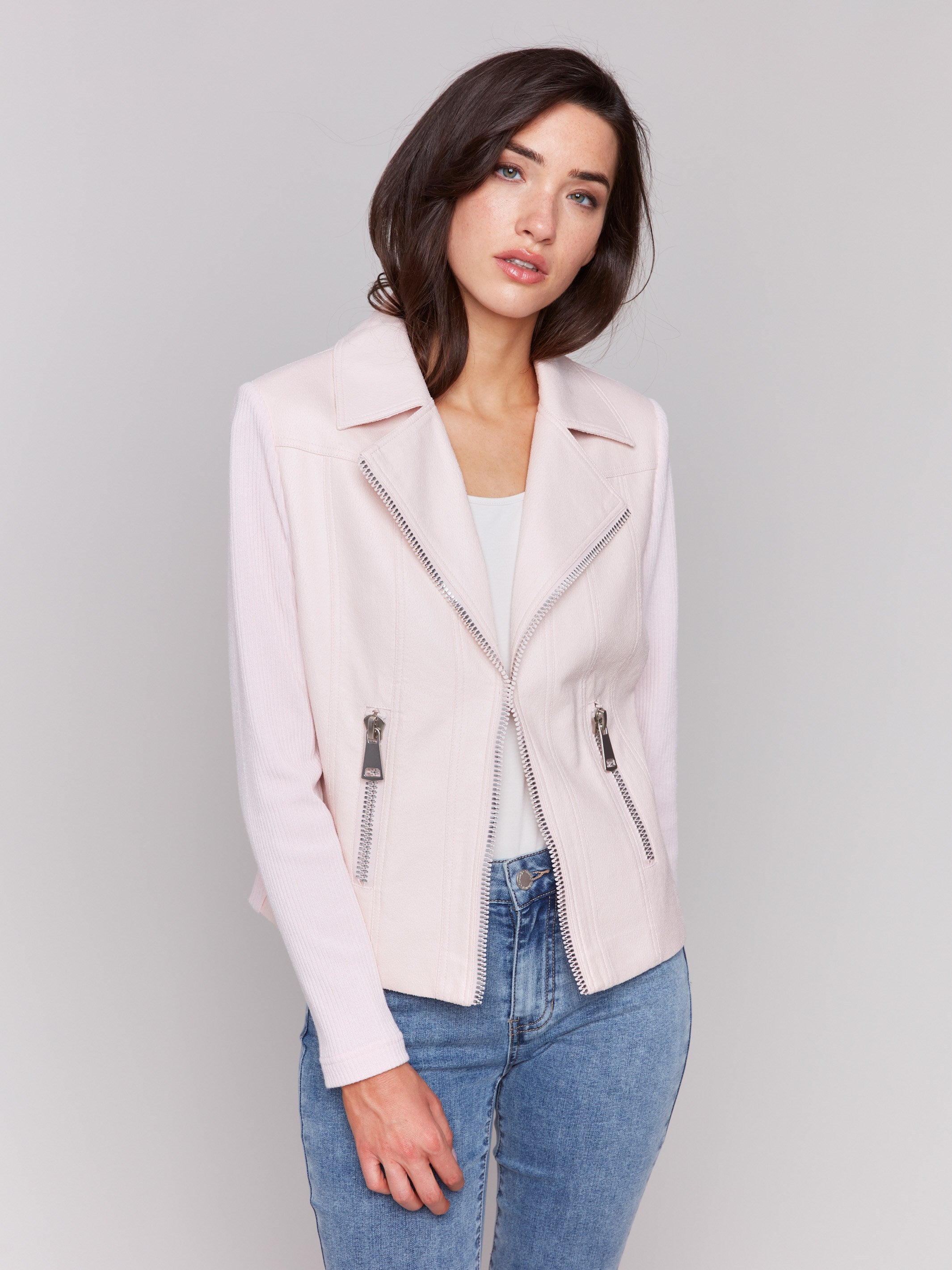 Petal faux leather jacket with a lapel notch collar by Charlie B.