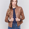 Truffle-colored faux leather jacket with front zipper and stand collar by Charlie B.