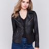 Black faux leather biker jacket with zipper details and fake pockets by Charlie B.