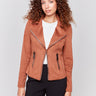 Terracotta faux suede jacket with lapel notch collar and zipper details by Charlie B.