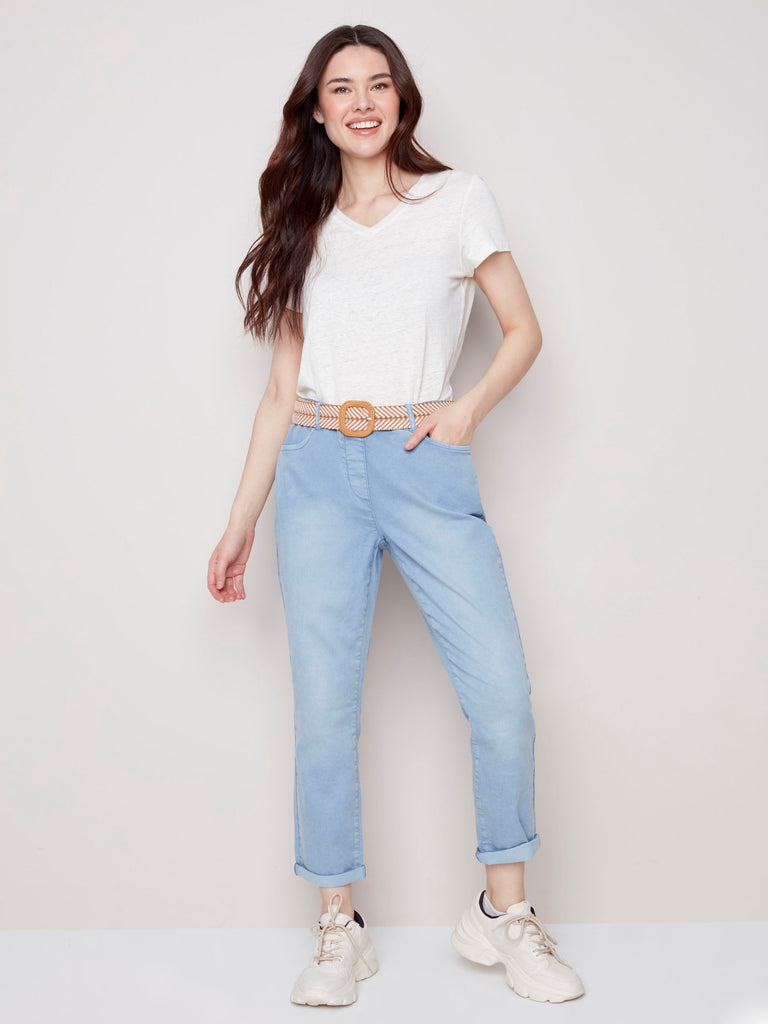 Women's Pull-on Pants with Belt | Chambray | Charlie B CA